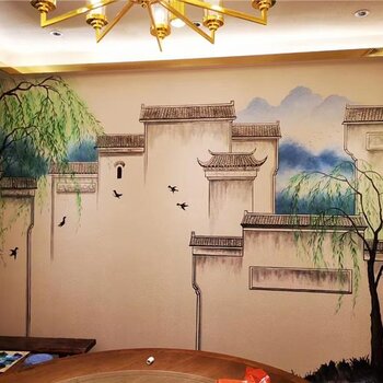 3D立体画墙绘上门餐厅墙体手绘中式风格南京新视角彩绘画师画工精细